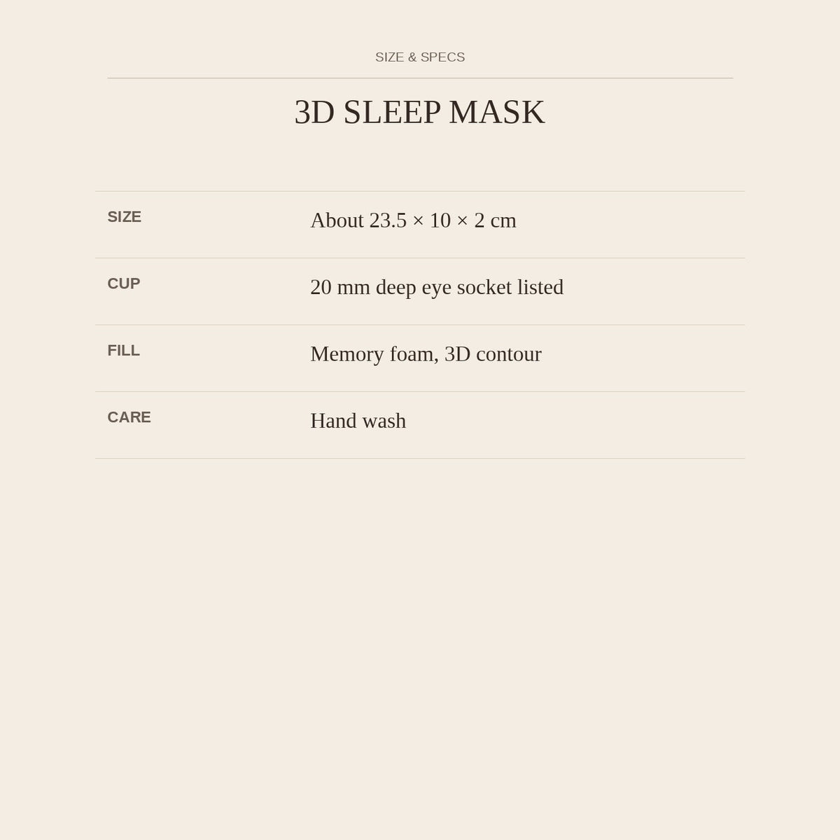 3D Sleep Mask — size and specs