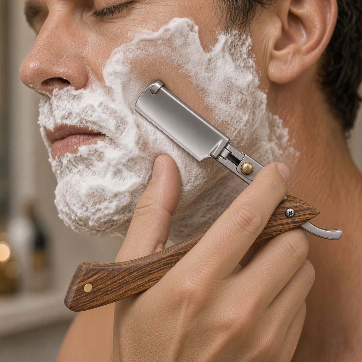 Wood Straight Razor — in use