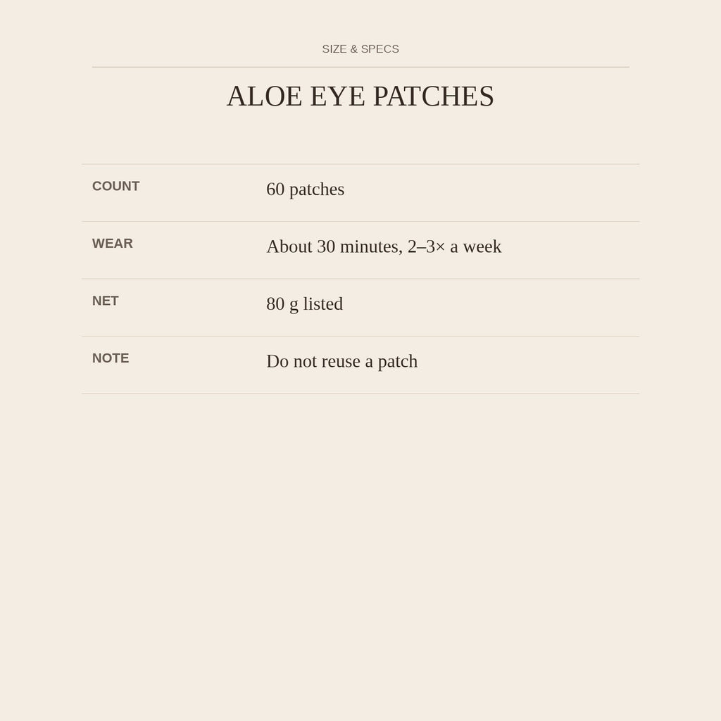 Aloe Eye Patches — size and specs