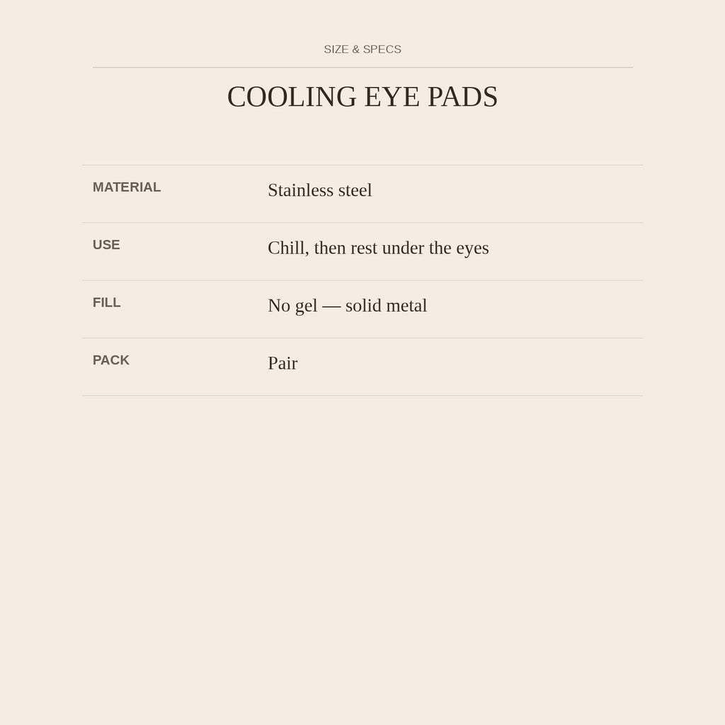 Cooling Eye Pads — size and specs