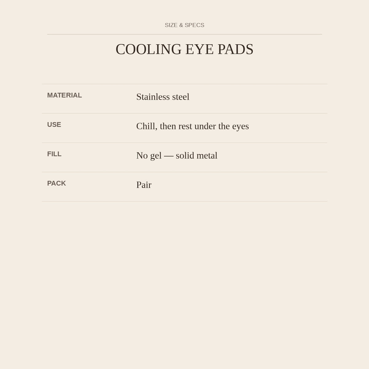 Cooling Eye Pads — size and specs