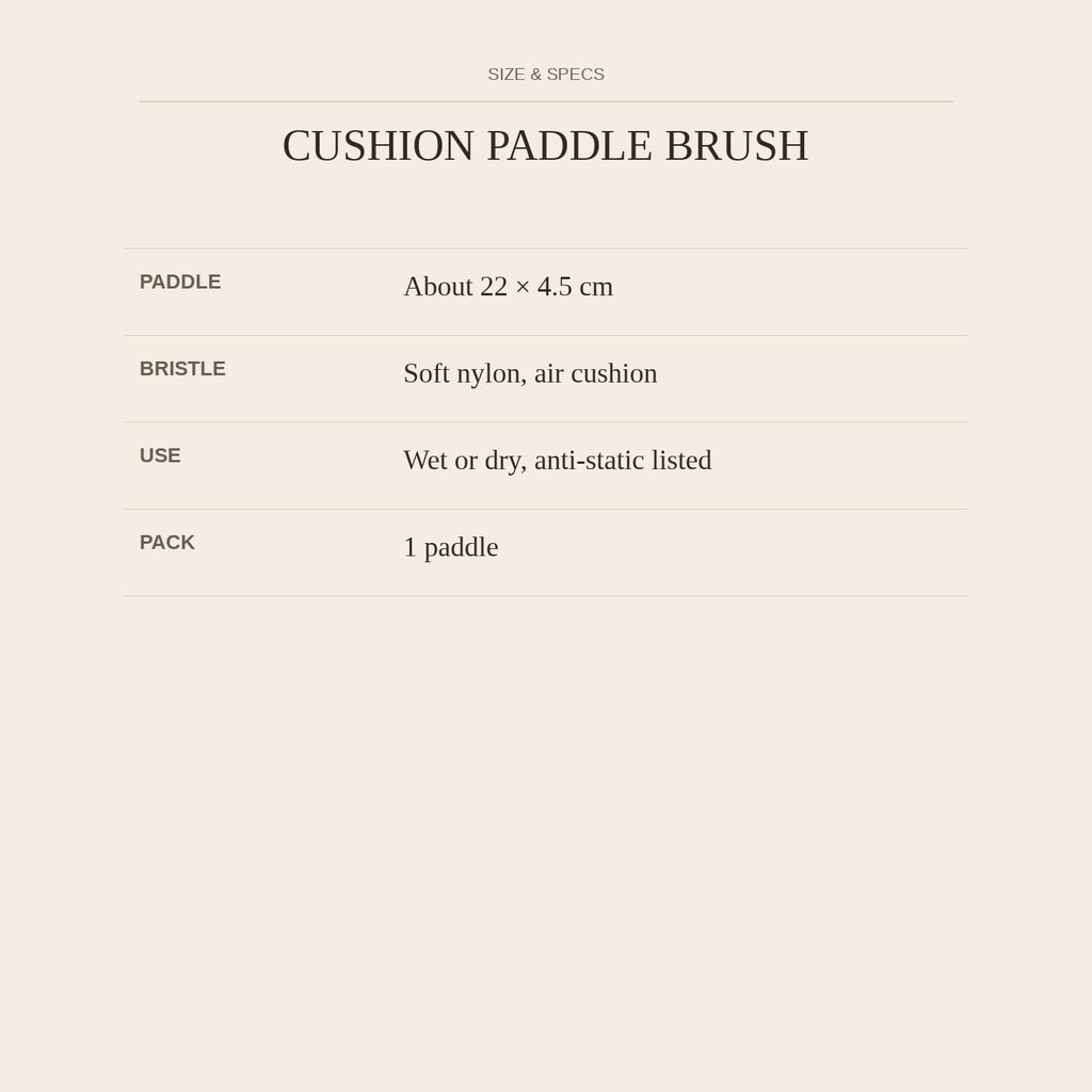Cushion Paddle Brush — size and specs