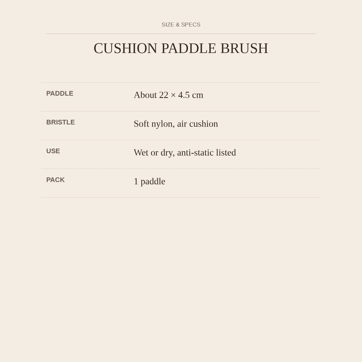 Cushion Paddle Brush — size and specs
