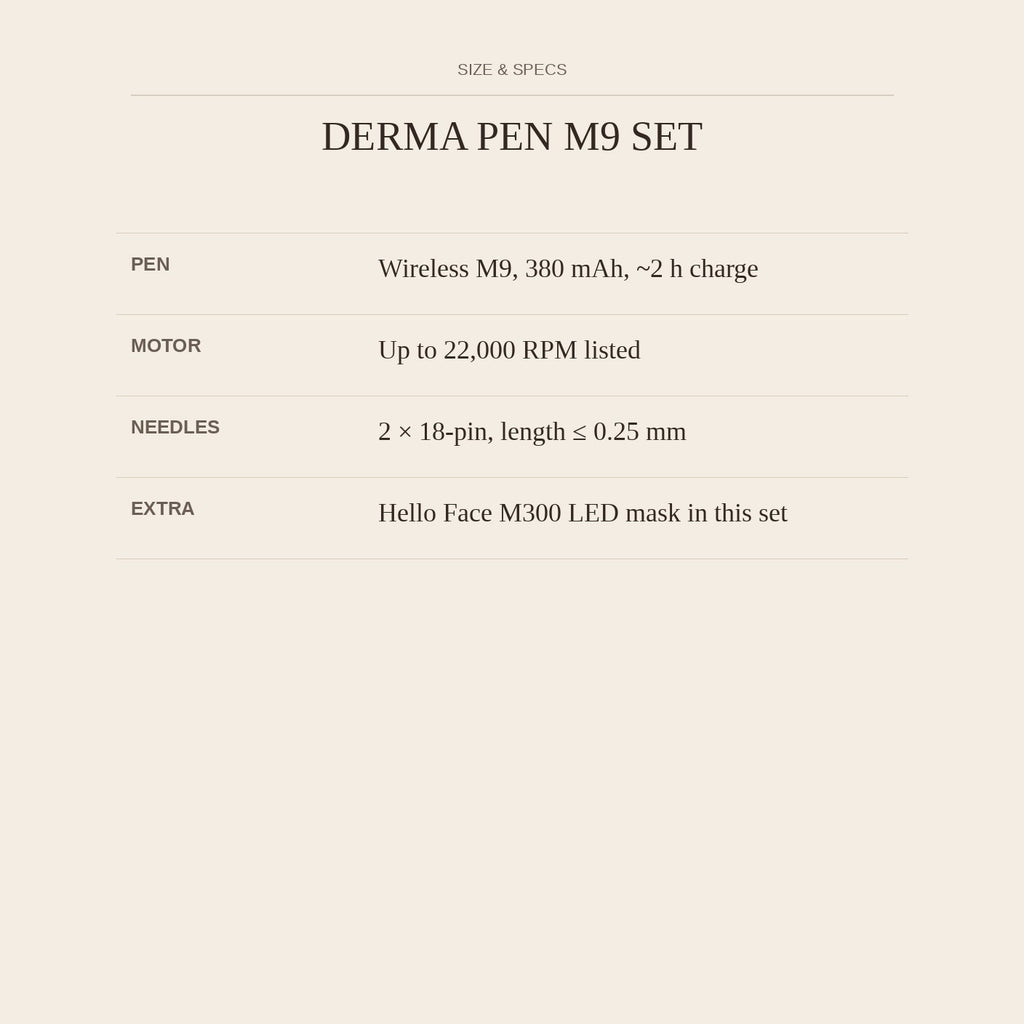 Derma Pen M9 Set — size and specs