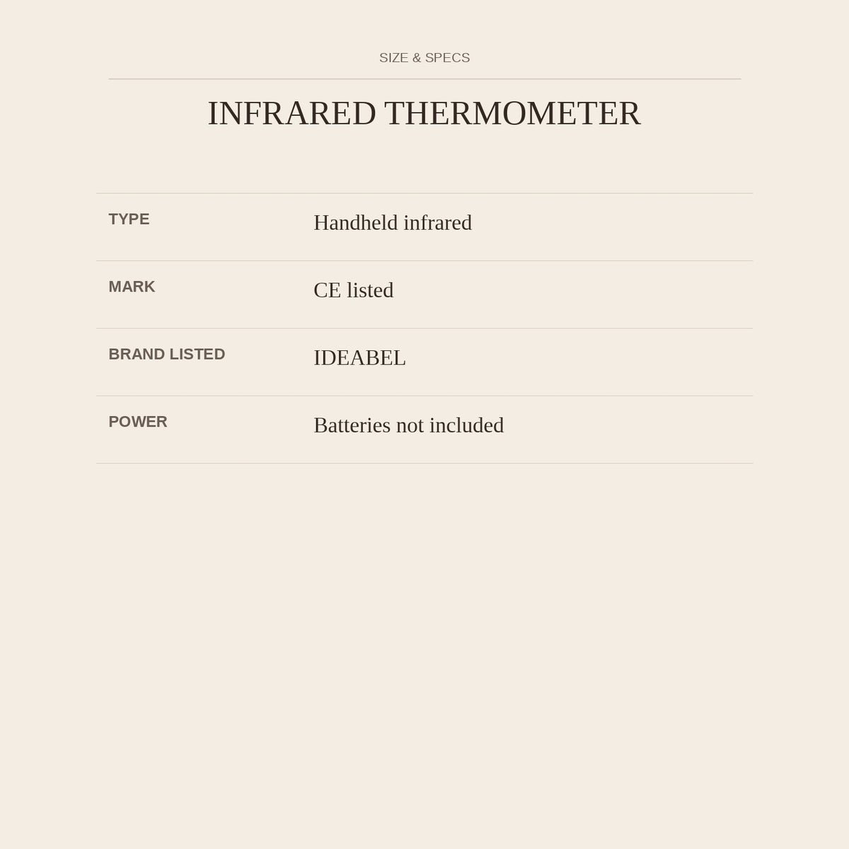 Infrared Thermometer — size and specs