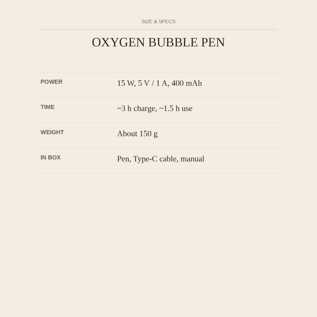 Oxygen Bubble Pen — size and specs