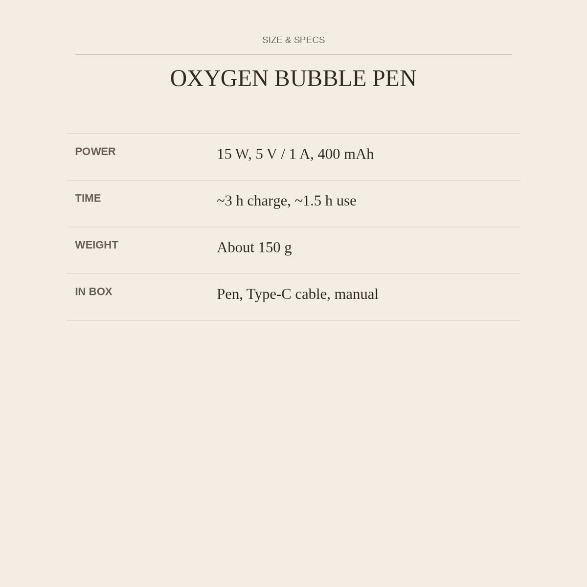 Oxygen Bubble Pen — size and specs