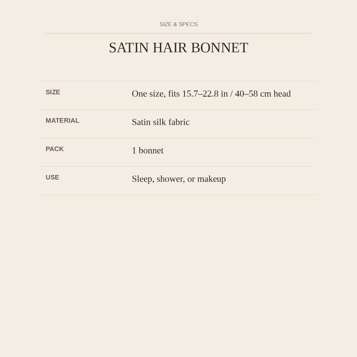 Satin Hair Bonnet — size and specs