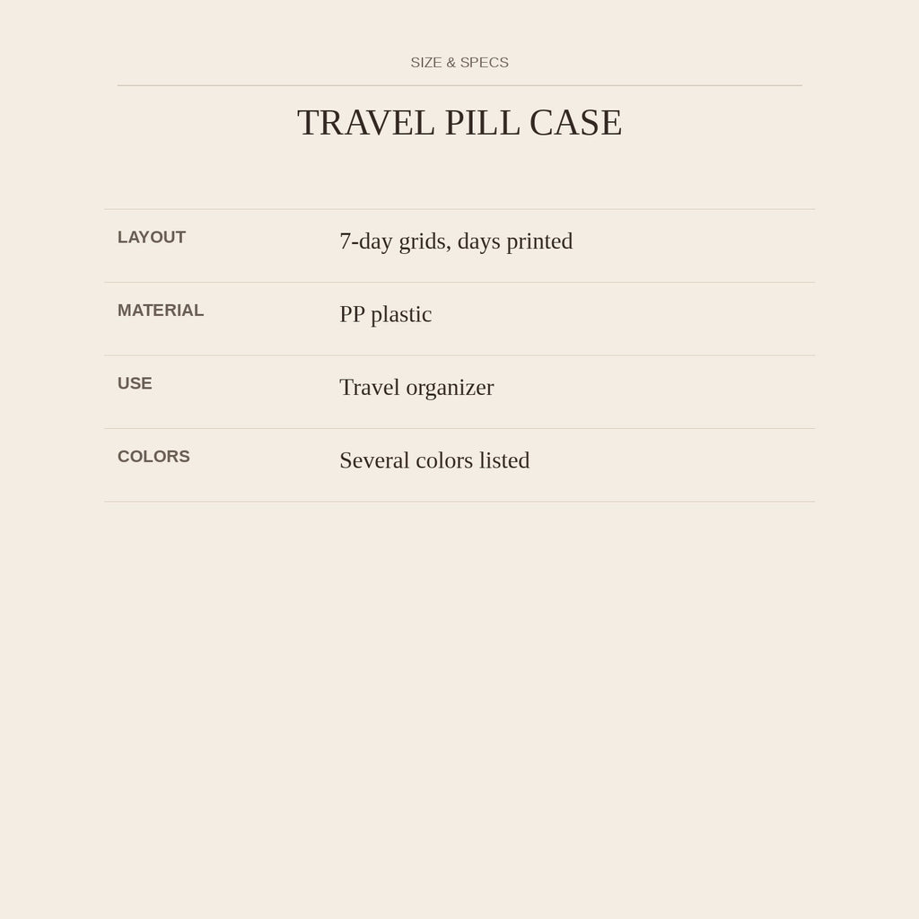 Travel Pill Case — size and specs