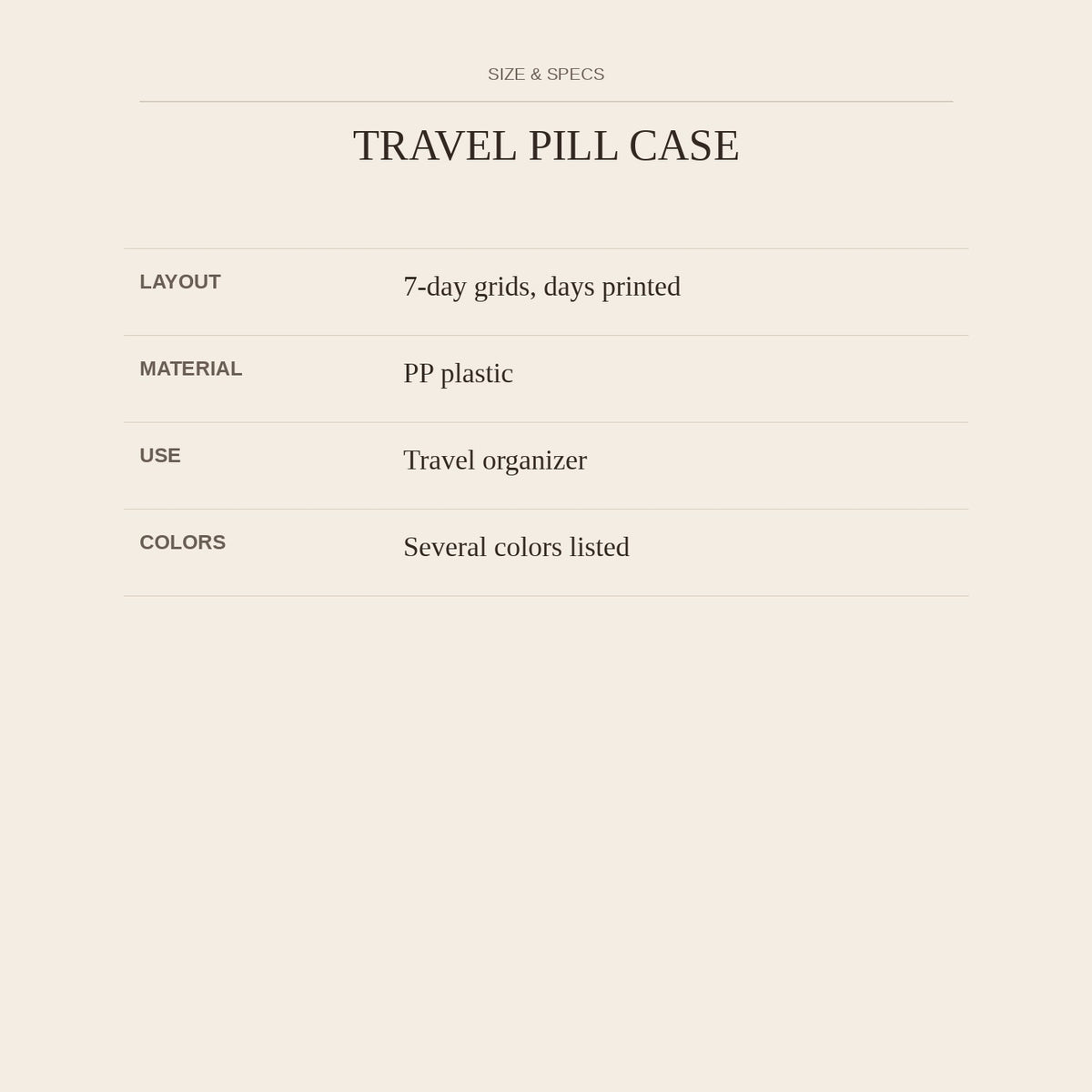 Travel Pill Case — size and specs