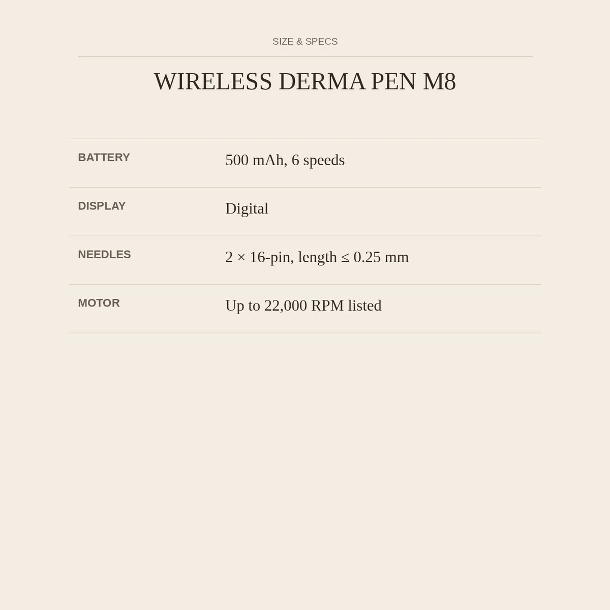 Wireless Derma Pen M8 — size and specs